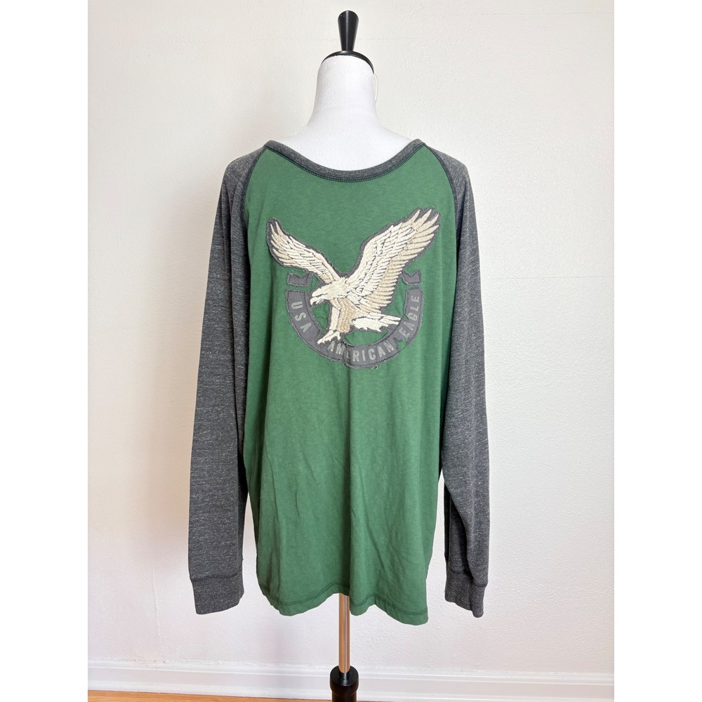 Y2K American Eagle Green & Grey Distressed Patch Raglan Long Sleeve Top Size XL